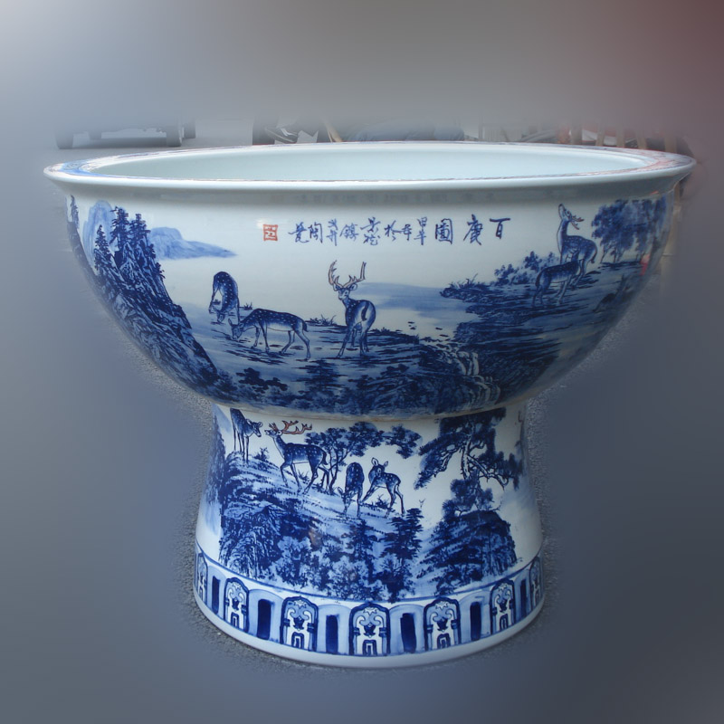 Blue and white beautiful best deer big aquariums art cylinder jingdezhen landscape vats. 80-100 cm