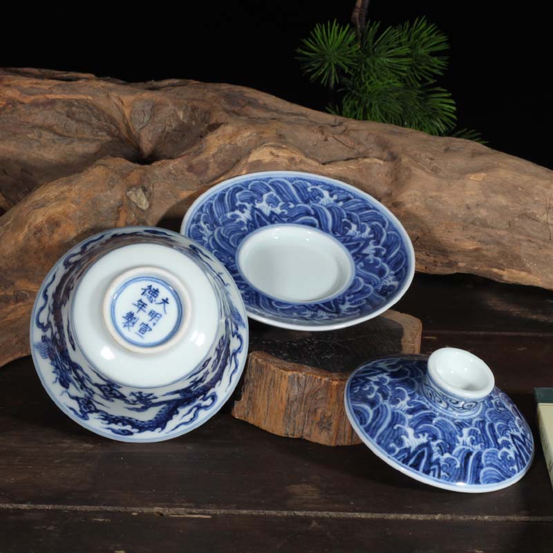 Jingdezhen blue and white maintain manual painting only three tureen dragon cup master cup tong qu firewood master CPU