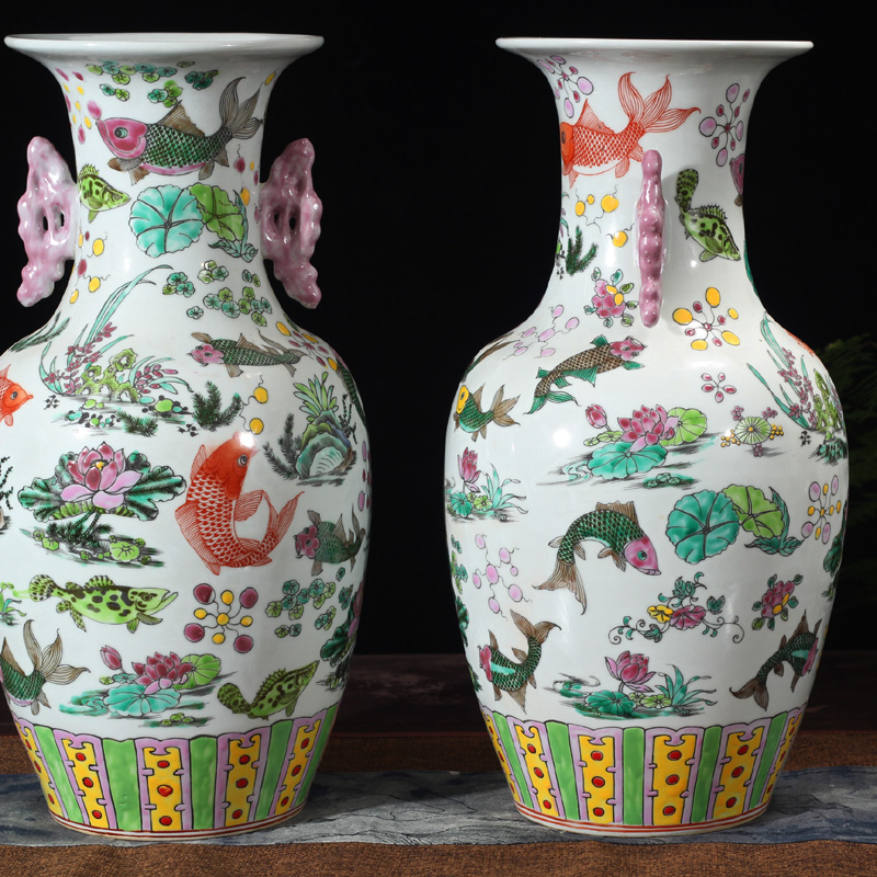 Jingdezhen hand - made archaize kangxi war enamel vase Jingdezhen ceramic powder enamel fish bottle algal lines cross the characters