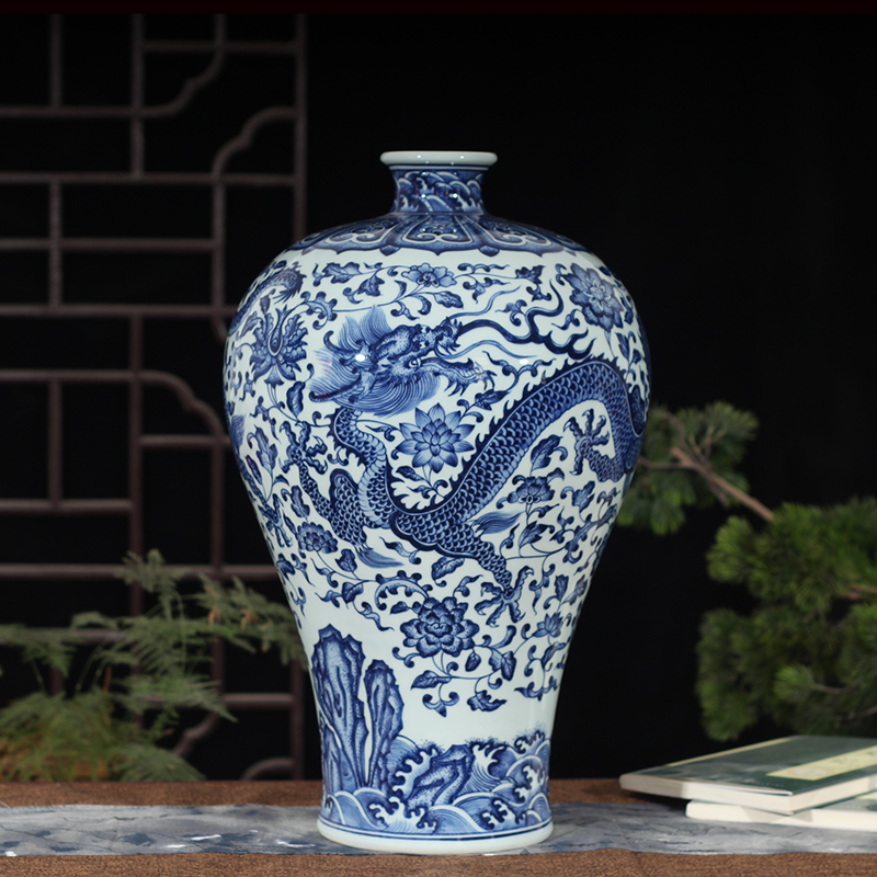 Jingdezhen blue and white dragon hand - made mei bottle imitation qianlong anaglyph dragon around 35 cm45 high lotus lotus flower porcelain