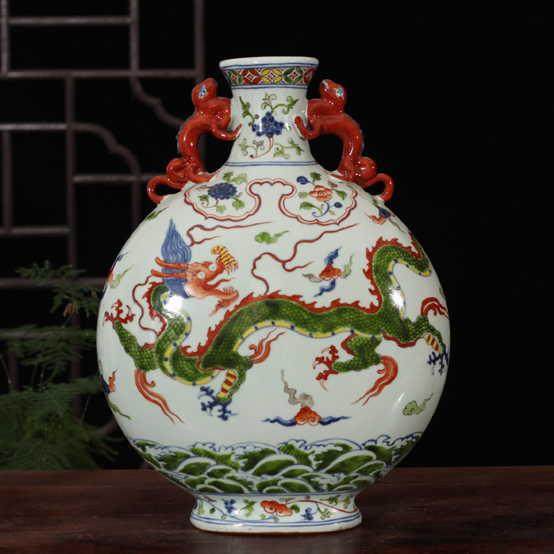 Jingdezhen porcelain dou dragon grain ears flat bottles of yuanyang grain flat hand antique XuanDeCai porcelain vase