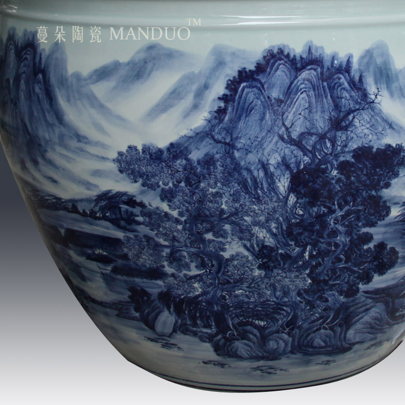 Jingdezhen blue and white landscape artistic conception hand - made ceramic porcelain VAT king fish farming water lily is big