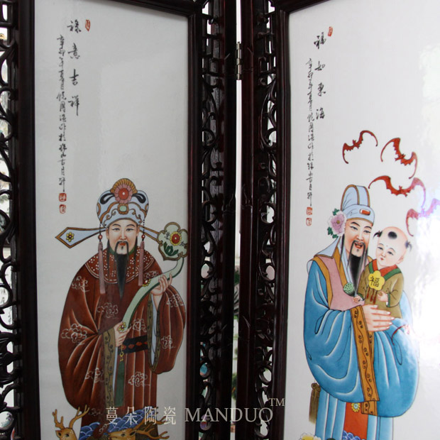 Hand - made landscape character double - sided 4 of the general assembly of high - grade solid wood porcelain plate screen big screen hotel club of the big screen