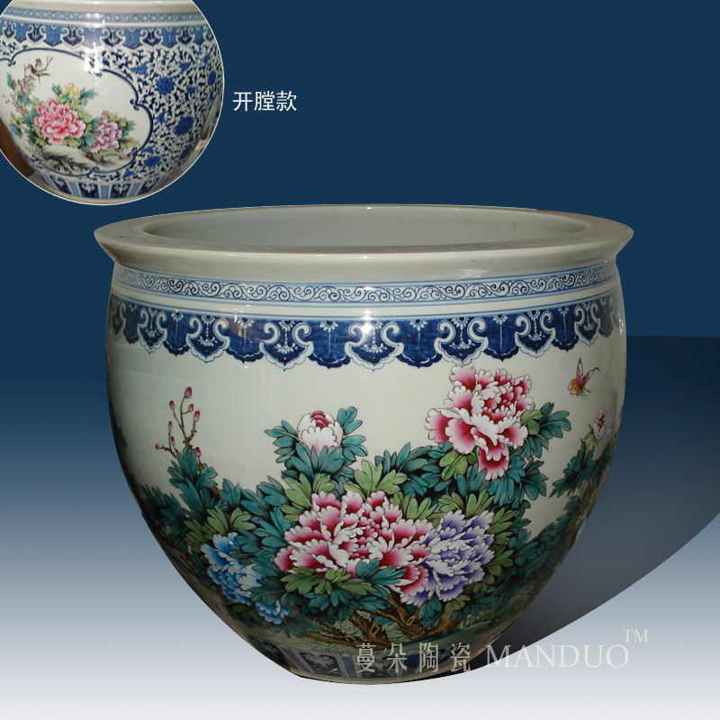 Jingdezhen blue and white color bucket hand - made peony cylinder diameter 60 courtyard sitting room is big hand draw four seasons flower cylinder