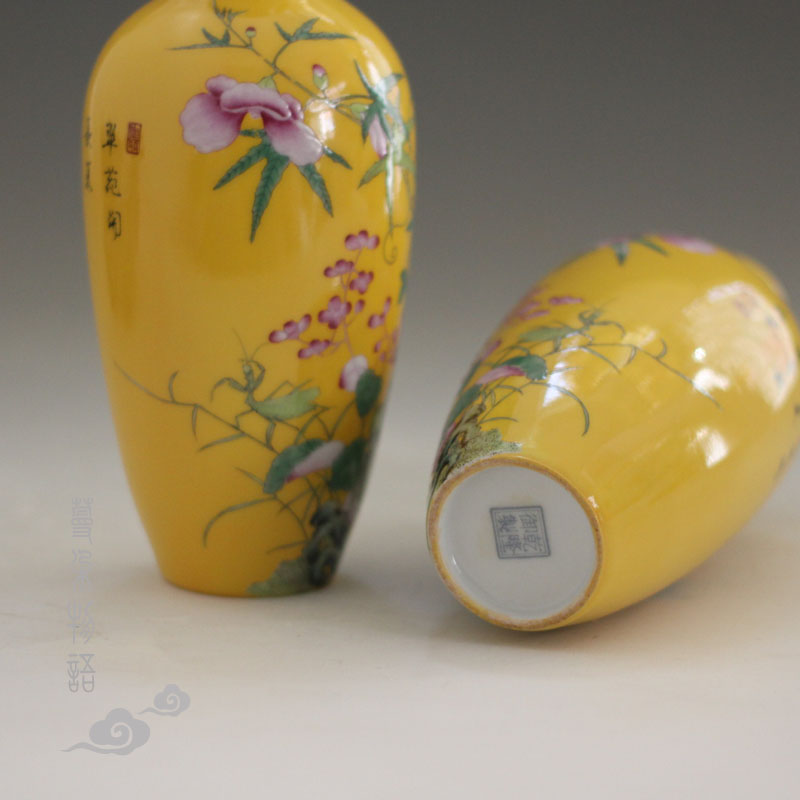 Jingdezhen in yellow powder enamel qianlong imperial porcelain vase 20 cm high rich ancient frame display high - grade powder enamel vase