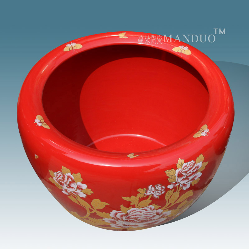 Jingdezhen red ceramic painting and calligraphy cylinder cylinder aquarium goldfish tortoise porcelain red festive and wedding accessories