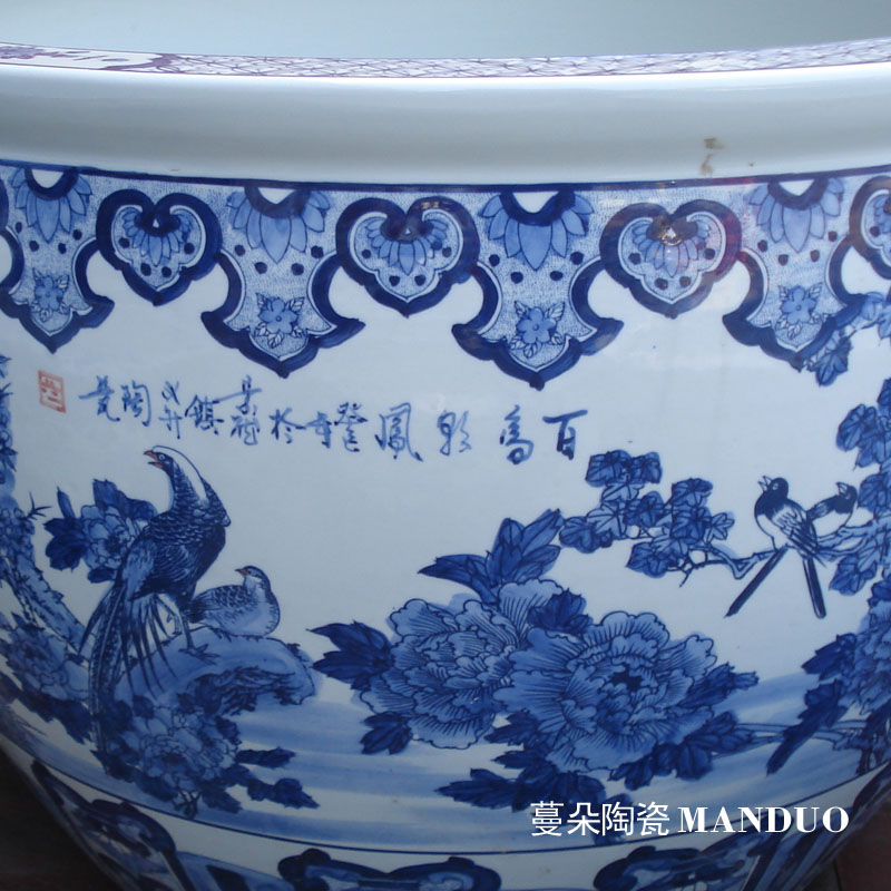 Jingdezhen q blue 80-90 - cm large diameter cylinder flower painting of flowers and birds pay homage to the king of China big courtyard cylinder