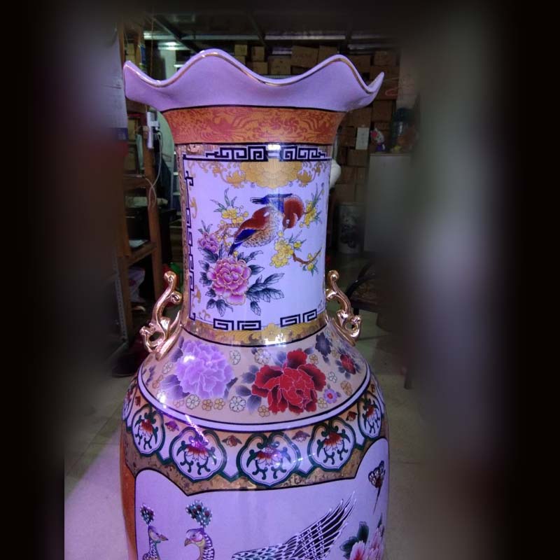 Jingdezhen color double phoenix ear red peony decorative vase is 1.3 meters high display of large vase