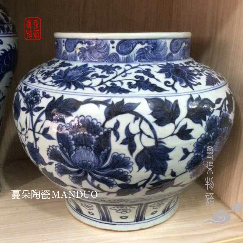 Jingdezhen hand - made generic POTS lotus yuanyang fish yuan blue and white porcelain vase peony design and color large pot of yuan dynasty