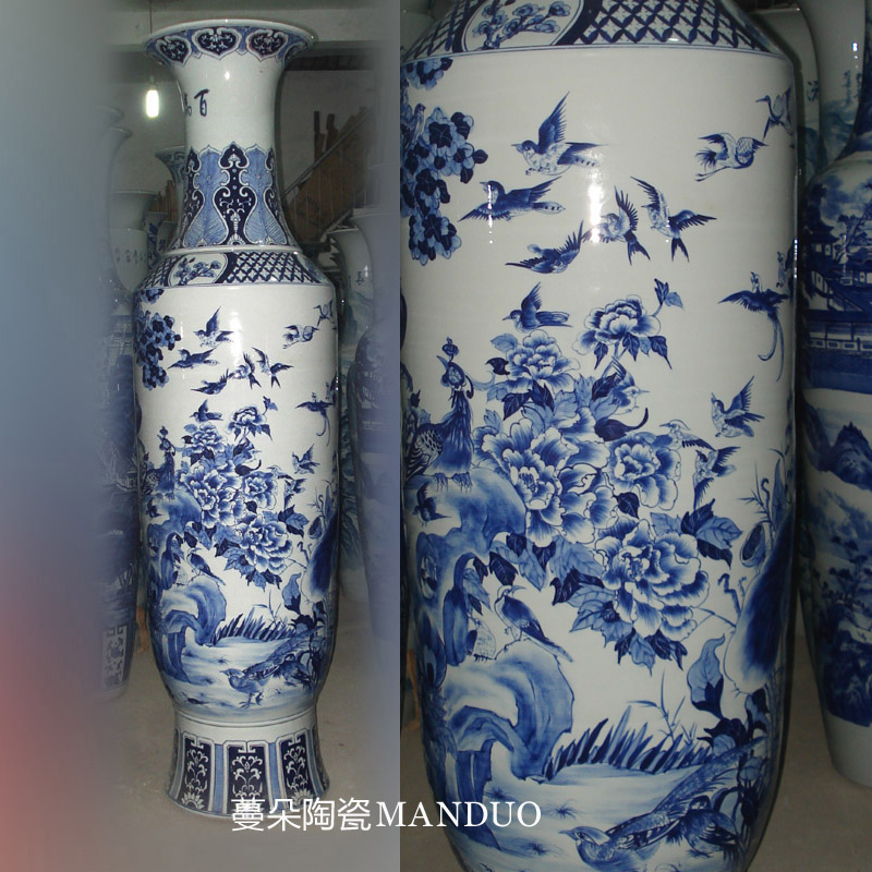 Jingdezhen blue and white peacock peony flower on 2.2 meters tall lively rich hand - made auspicious big vase opening bottles