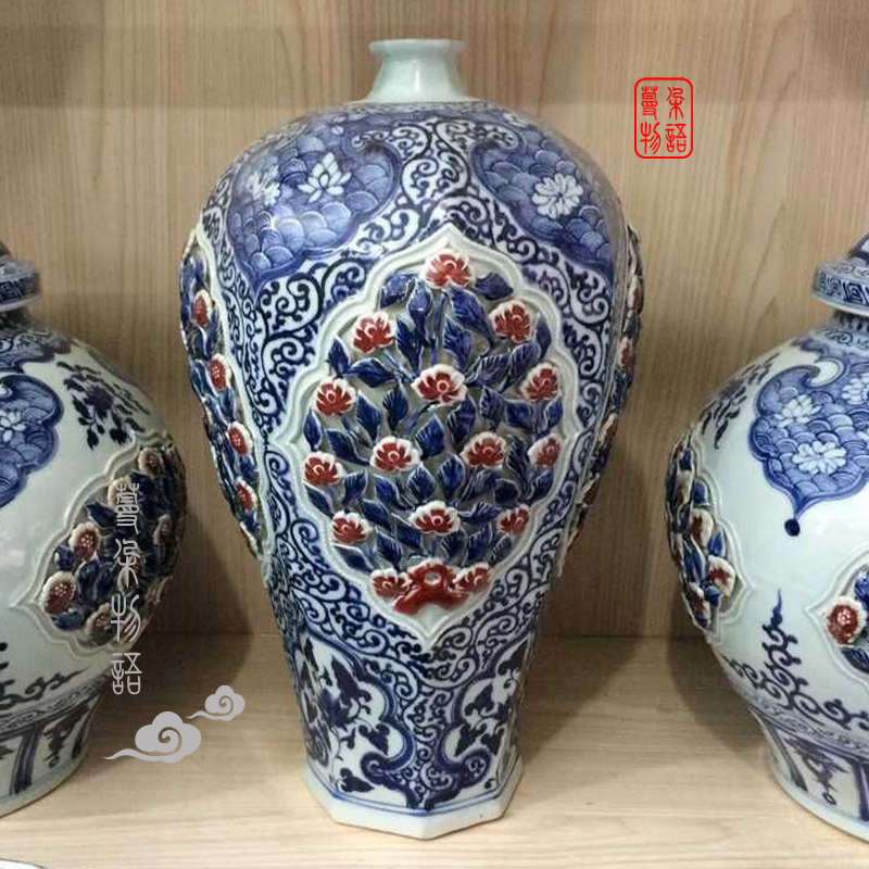 Jingdezhen imitation of the yuan dynasty Ming dynasty heap flower beast ear cover can of Jingdezhen ceramics high copy hollow out a bunch of flower pot