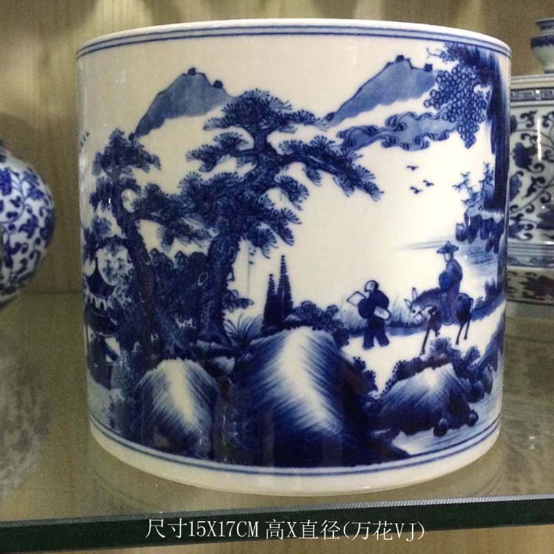 Jingdezhen hand - made scenery high - grade porcelain brush pot rich ancient frame display porcelain brush pot cap tube of pure hand - made of porcelain