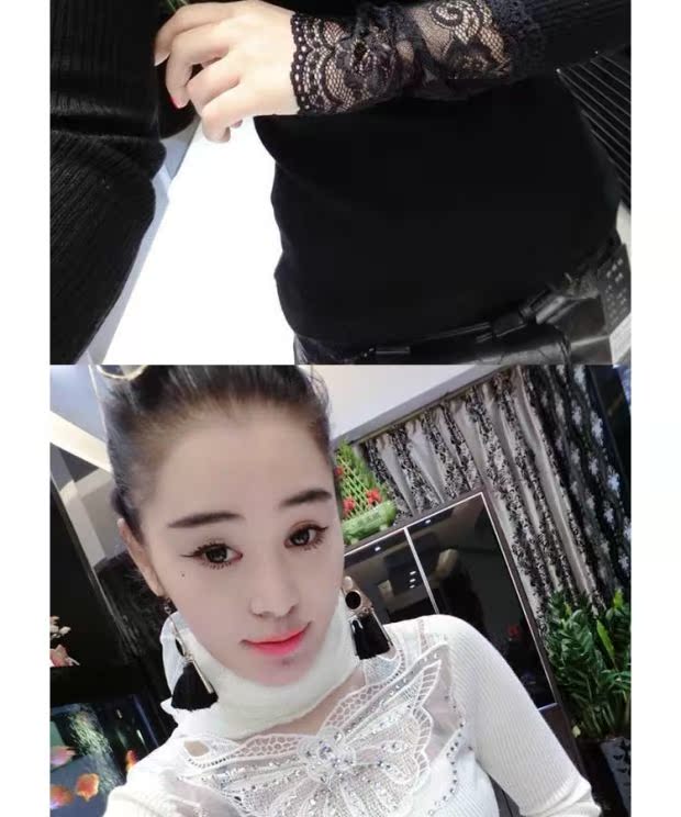 Thời trang châu Âu 2017 thu đông thời trang đôi cổ áo bướm nóng khoan áo len khâu ren đáy quần áo len nữ áo phông