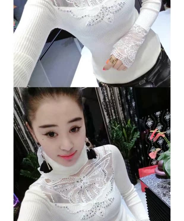 Thời trang châu Âu 2017 thu đông thời trang đôi cổ áo bướm nóng khoan áo len khâu ren đáy quần áo len nữ áo phông