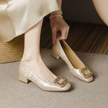 Retro Chinese Style New Chinese-Style High-Heeled Shoes with Rhinestone Square Buckle, Shallow Mouth, Versatile Low-Heeled Single Shoes for Women