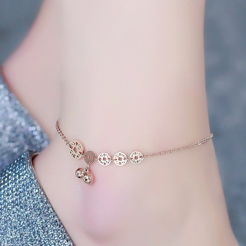 Net red accessories do not fall color titanium steel ornament feet chain Han version Fashion woman rose gold coin bell Personality Tide Ornament