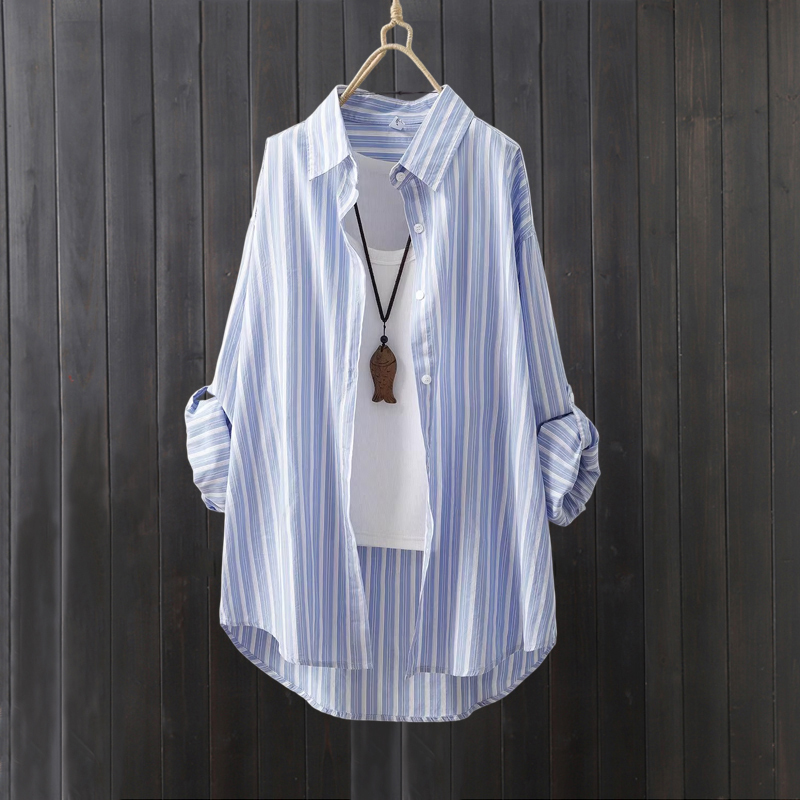 Cross-Border Sun Protection Shirt for Women, Spring and Summer, Loose Fit, Covers the Buttocks, Striped Shirt, Long-Sleeved, Stylish Top, Mid-Length Design