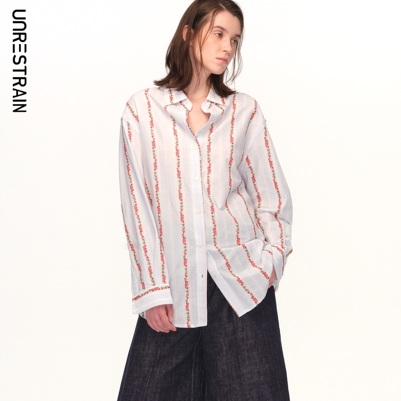 Unrestrain「Unr」Romantic Garden Contrast Print Vertical Stripes Slimming Drop Shoulder Shirt Top for Women