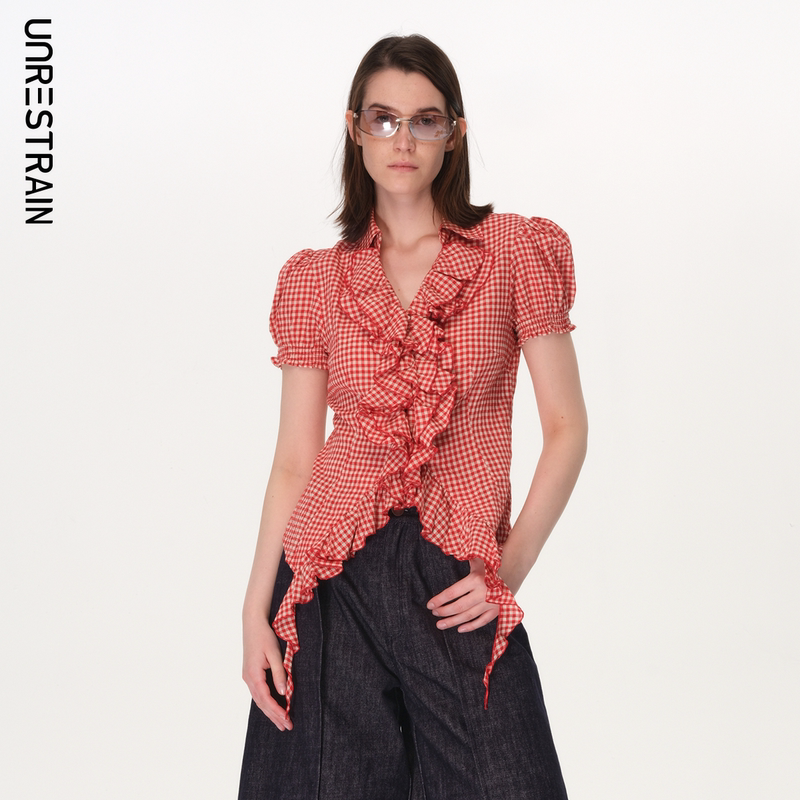 Unrestrain「Unr」Gossip Magazine New Plaid Shirt Women's Ruffled Slim Fit Top