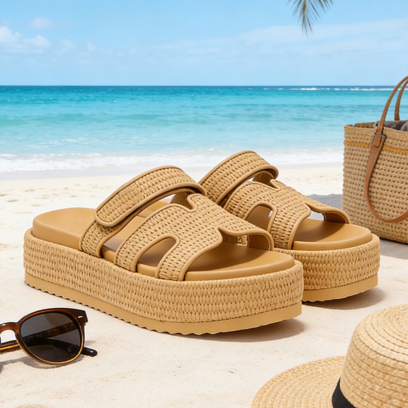 Vacation-Style Straw Thick-Soled Slippers for Women 2026 New Summer Outdoor Wear Velcro Platform Sandals with Soft Soles That Are Great to Wear