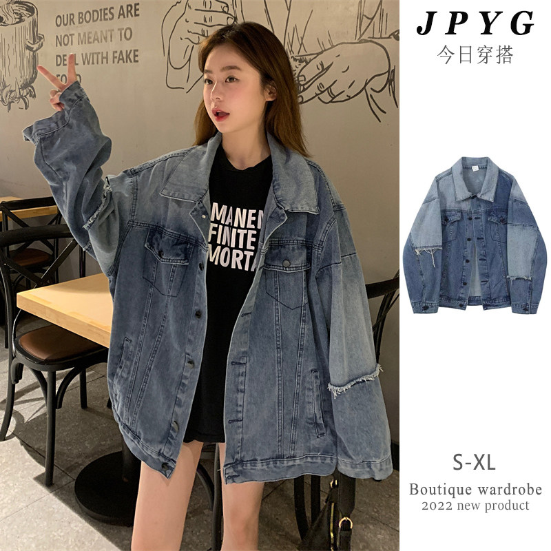 2022 spring and autumn new Korean style loose color matching mid-length POLO collar long-sleeved denim jacket female ins trend