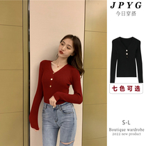 Button elastic knitted bottoming shirt womens 2022 spring and autumn new slimming and thin design pullover long-sleeved top