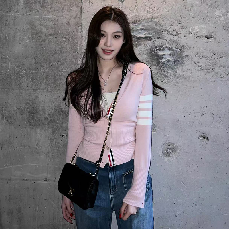 Celebrity Style Tb Four-Stripe Pink V-Neck Knit Sweater Cardigan Jacket for Women 2025 Early Autumn New Top