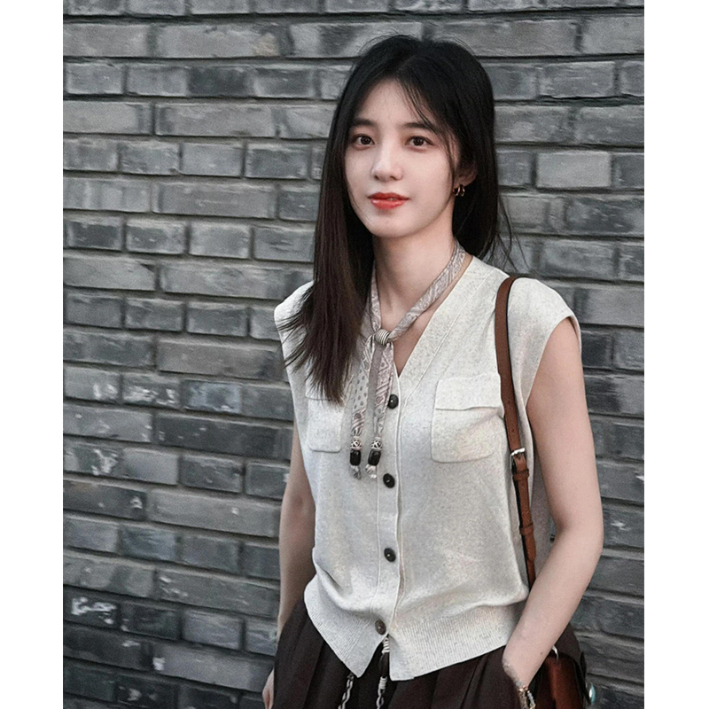 2026 Summer New Style Knitted Cardigan Vest Old Money Style Sleeveless V-Neck Top for Women Casual Apricot Color Celebrity Style 2026 Summer New Style Knitted Cardigan Vest Old Money Style Sleeveless V-Neck Top for Women Casual Apricot Color Celebrity Style