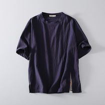 Summer Joker loose solid color mens T-shirt round neck split short sleeve top 2021 new cotton pullover