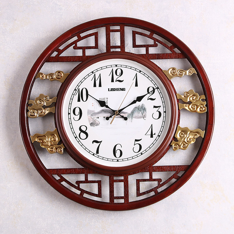 New Chinese solid wood clock hanging bell living room home fashion muted quartz clock light extravagant wall clock wall clock round