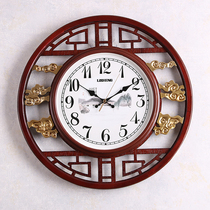 New Chinese solid wood clock wall clock Living room household fashion silent quartz clock Light luxury wall clock wall clock round