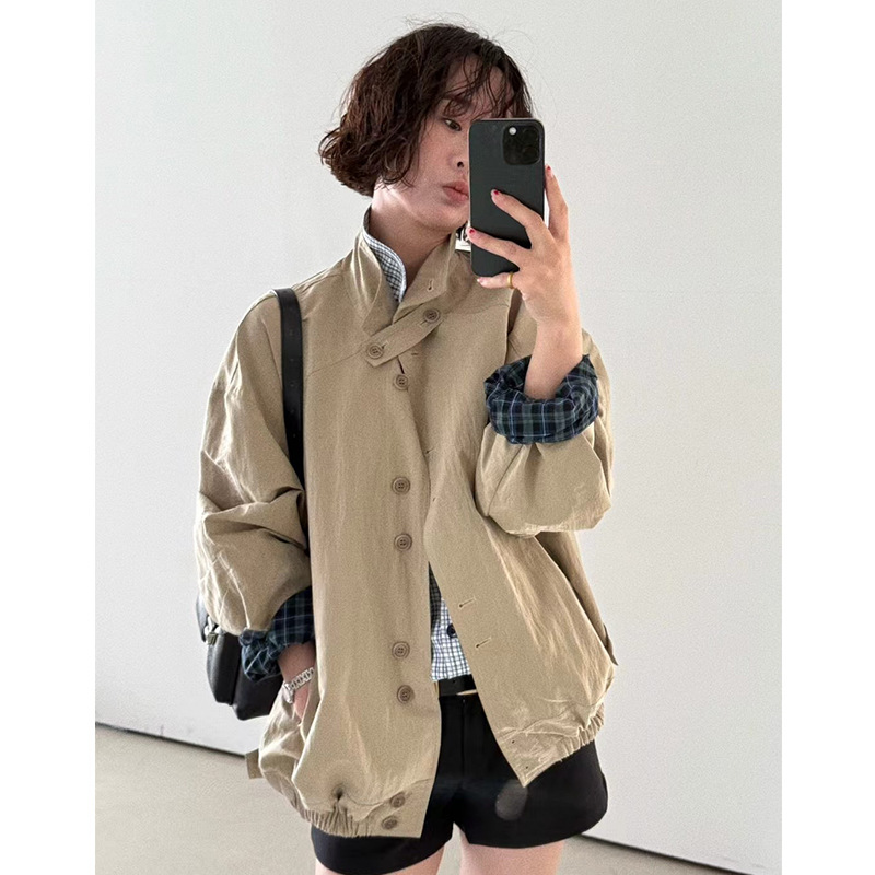 Korean Oli Seo*Ul Spring Loose Casual Stand-Up Collar Color-Block Plaid Lined Workwear Jacket for Women