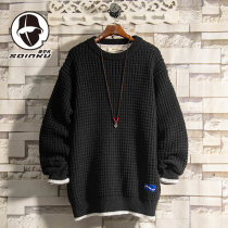 soinku Japanese square pattern solid color sweater mens autumn and winter trend round neck thick casual inner sweater