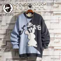 soinku Japanese tide card card stickers cloth printed sweater mens spring autumn trend personality round neck bottoming sweater