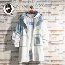 soinku Japanese Tide brand color printing coat mens trend spring and autumn casual coat long knee windbreaker