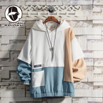 soinku Spring and Autumn new three-color splicing hooded sweater mens Korean version of trendy Hong Kong style casual hoodie top
