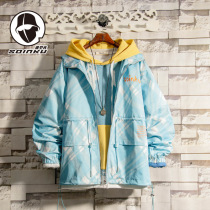 soinku spring autumn coat mens trend fashion handsome student casual loose print hooded jacket outer clothes
