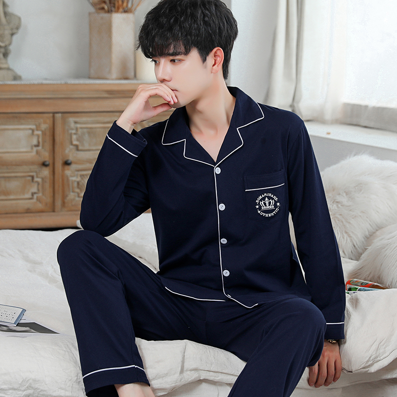 Autumn Pure Cotton Pajamas Men's Spring and Autum Long-Sleeved Suit Cotton Youth Home Clothes Men's Lapel Pure Blue Autumn Pure Cotton Pajamas Men's Spring and Autum Long-Sleeved Suit Cotton Youth Home Clothes Men's Lapel Pure Blue