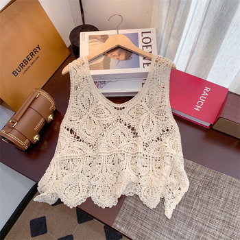 Retro knitted hollow embroidery solid color sleeveless suspender plus size women's fat mm vest versatility pullover v-neck