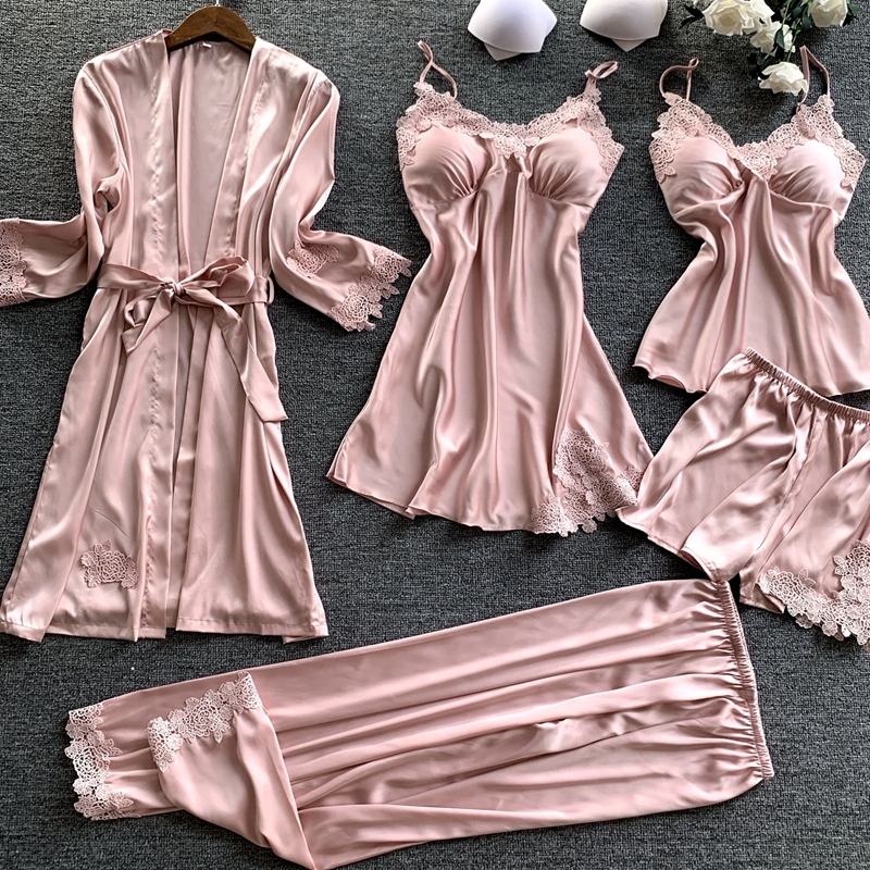 Pajamas for Women 2026 New Spring and Autumn Sexy Five-Piece Set Camisole Nightdress with Chest Pad Ice Silk Thin Nightgown Loungewear