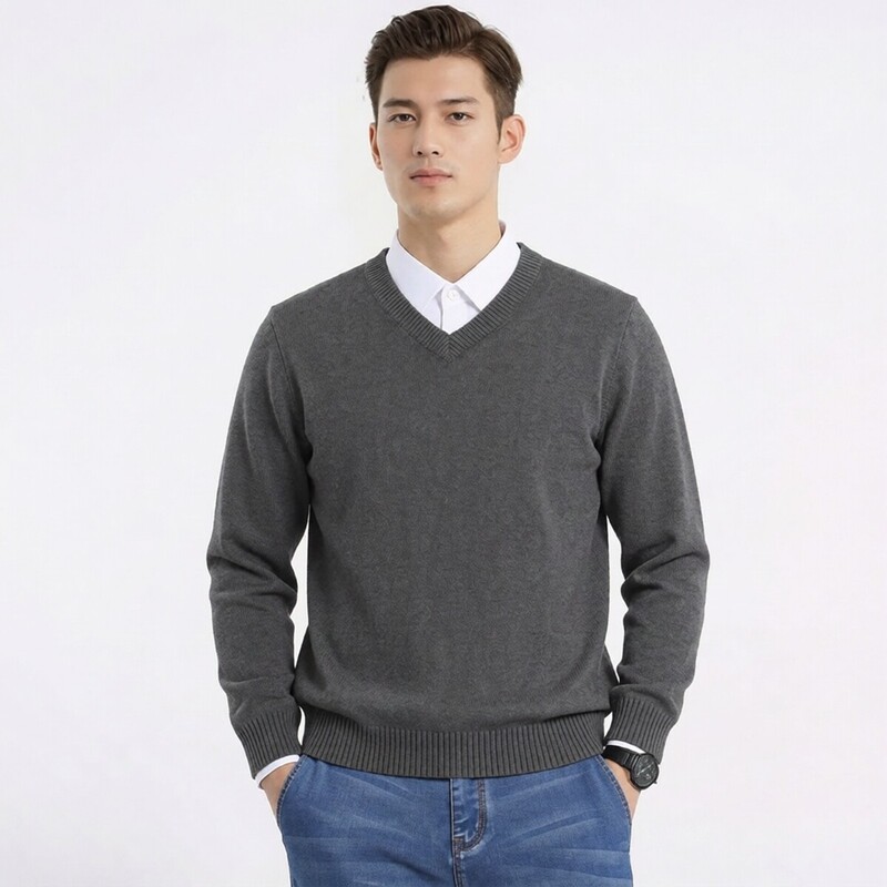 Combed Pure Cotton Yarn, Thicker Style, V-Neck Knit Sweater for Men, Autumn and Winter Warm Peach Heart Long-Sleeve Business Sweater