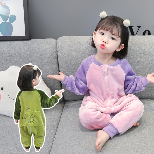Children's one-piece pajamas baby autumn and winter plus velvet thickened flannel home clothes coral fleece baby anti-kick sleeping bag