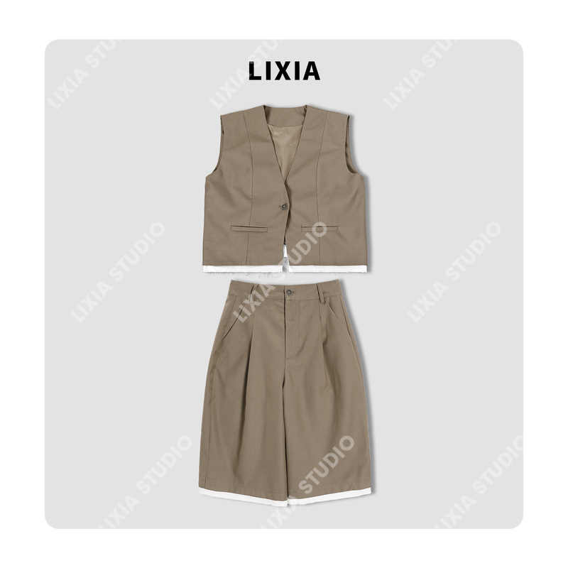 Lixia【Simple and Elegant Style】Old Money Light Luxury Lazy Suit with Fringed Vest and Shorts Set-D12190