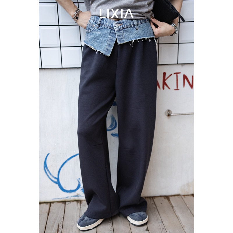 Lixia【Niche Deconstruction】Light Luxury Frayed Edge Irregular Waistband Denim Patchwork Sweatpants-D20506