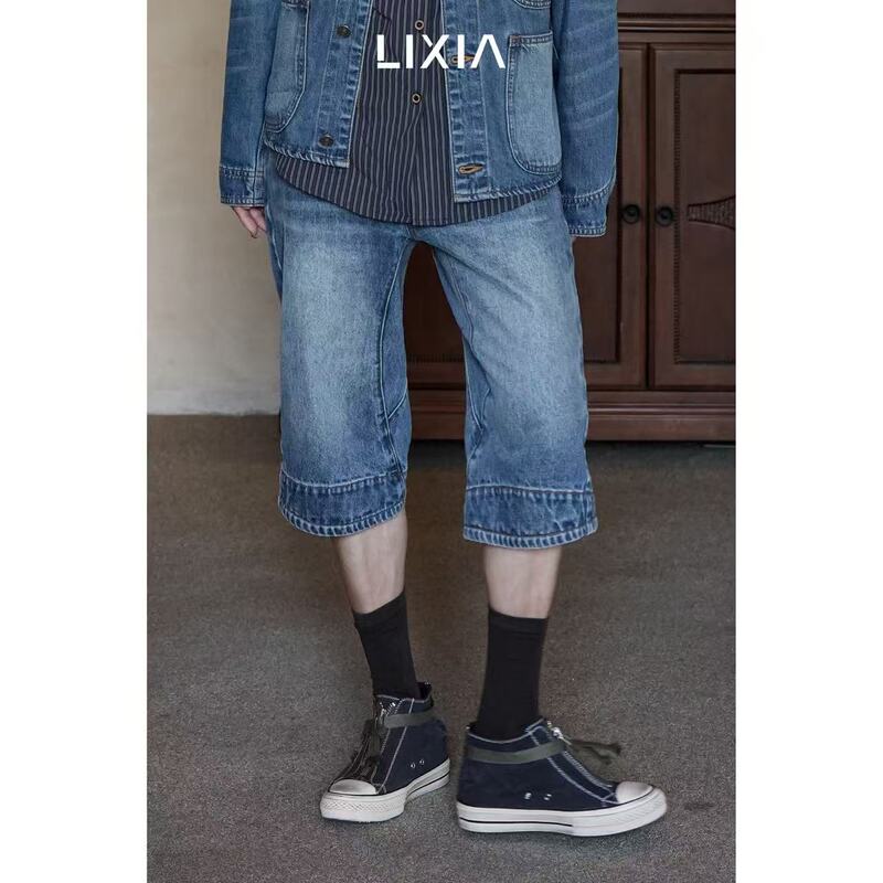 Lixia【Retro Boundaries】Vintage Back Waist Buckle Slimming Washed Straight-Leg Denim Capri Pants-D20219 Lixia【Retro Boundaries】Vintage Back Waist Buckle Slimming Washed Straight-Leg Denim Capri Pants-D20219