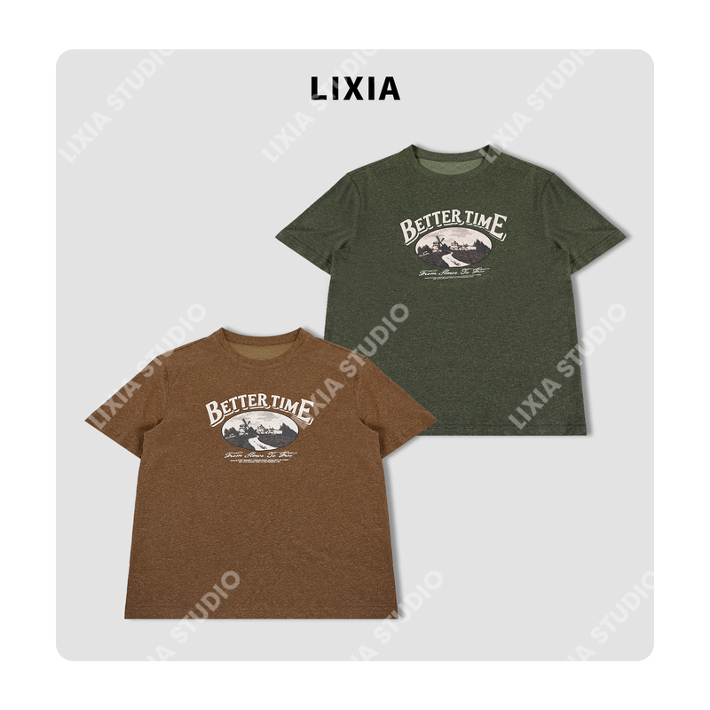 Lixia【Free as the Wind】American Retro Relaxed Style Printed Casual Versatile Mid-Length T-Shirt-D12176