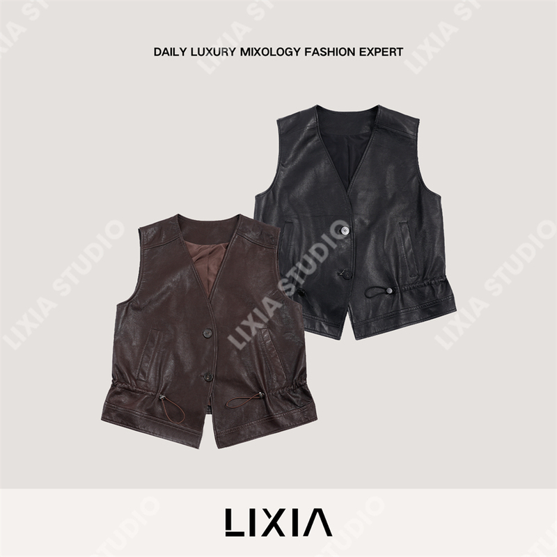 Lixia【秋筠】Light Luxury Pure Sheepskin Oil-Waxed Cold Jade Leather Craft Drawstring Leather Vest-D20037