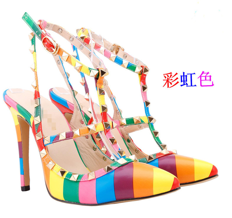 New Style Colorful Striped Rivet High-Heeled Women's Shoes T-Strap Pointed Toe Rainbow Stiletto Sexy Women's Shoes