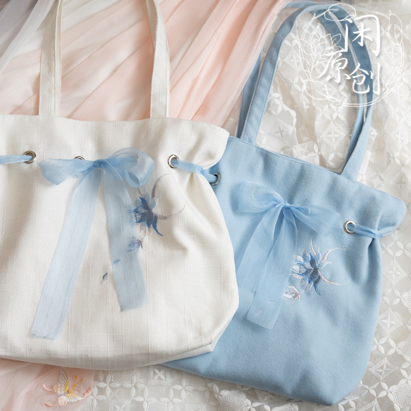 Leisure original Epiphyllum Silk Ribbon One-shoulder Hanfu Women's Bag Woolen Embroidery Large-capacity Fairy A4 With Zipper