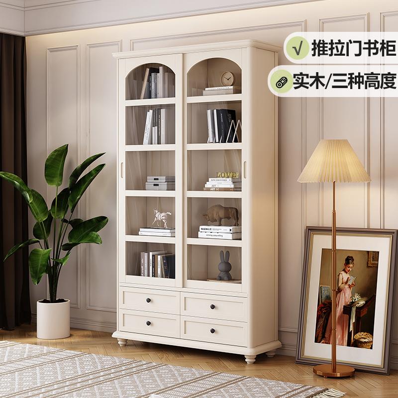 American-Style Solid Wood Bookcase with Cabinet Doors, Integrated Sliding Door Storage Cabinet, Living Room Display Cabinet, Home Floor-Standing White Bookshelf